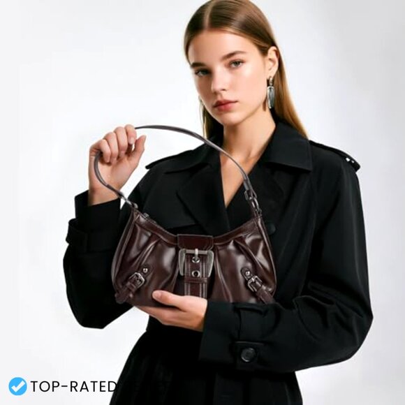 Vegan Leather Shoulder Bag Tote Hobo Purse Buckle Zipper Retro Chic